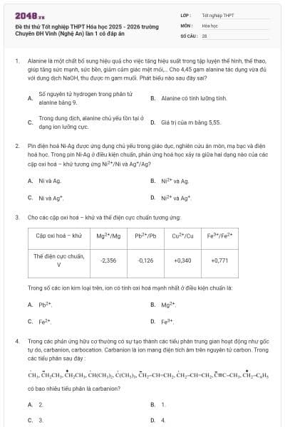 Đề thi thử Tốt nghiệp THPT Hóa học 2025 - 2026 trường Chuyên ĐH Vinh (Nghệ An) lần 1 có đáp án