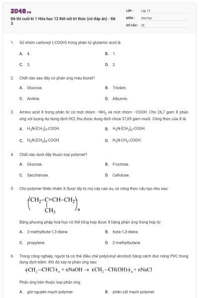 Đề thi cuối kì 1 Hóa học 12 cấu trúc mới (có đáp án) - Đề 3