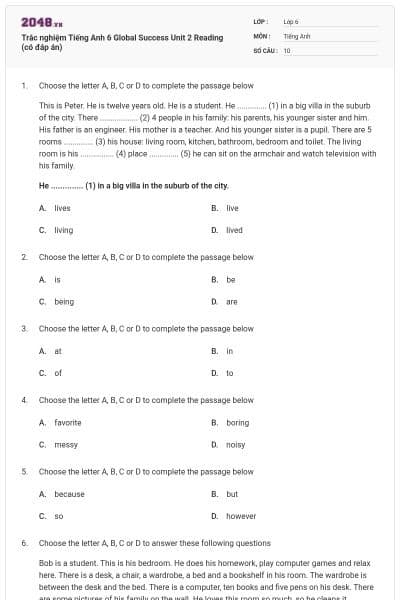 Trắc nghiệm Tiếng Anh 6 Global Success Unit 2 Reading (có đáp án)