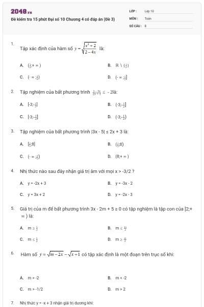 Đề kiểm tra 15 phút Đại số 10 Chương 4 có đáp án (Đề 3)