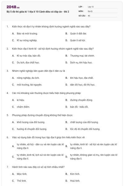 Bộ 5 đề thi giữa kì 1 Địa lí 10 Cánh diều có đáp án - Đề 2