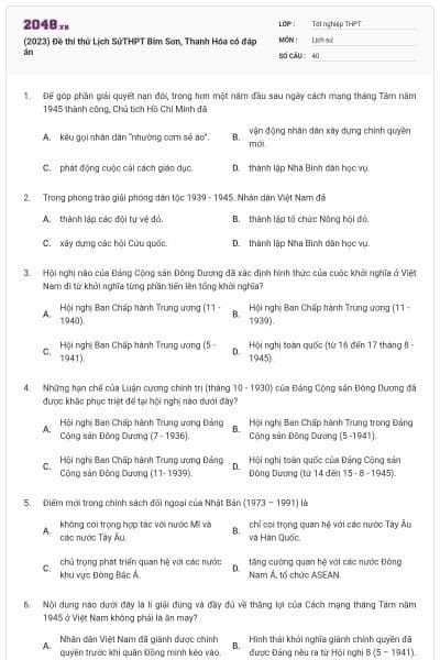 (2023) Đề thi thử Lịch SửTHPT Bỉm Sơn, Thanh Hóa có đáp án