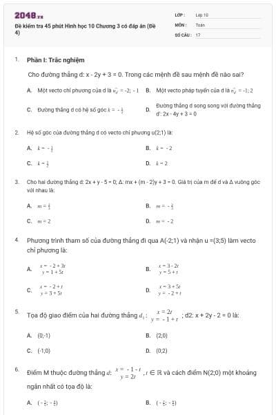 Đề kiểm tra 45 phút Hình học 10 Chương 3 có đáp án (Đề 4)