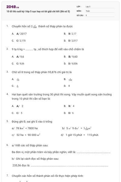 10 đề thi cuối kỳ I lớp 5 cực hay có lời giải chi tiết (Đề số 5)