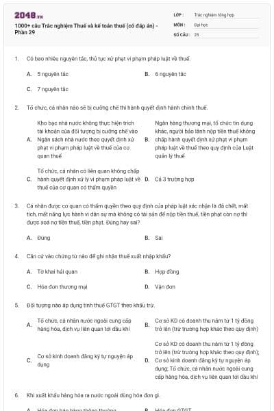 1000+ câu Trắc nghiệm Thuế và kế toán thuế (có đáp án) - Phần 29