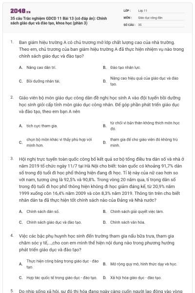 35 câu  Trắc nghiệm GDCD 11 Bài 13 (có đáp án): Chính sách giáo dục và đào tạo, khoa học (phần 3)
