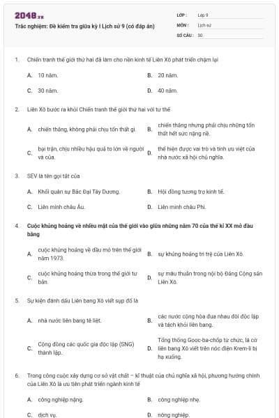 Trắc nghiệm: Đề kiểm tra giữa kỳ I Lịch sử 9 (có đáp án)