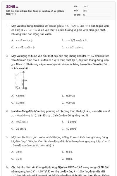 505 Bài trắc nghiệm Dao động cơ cực hay có lời giải chi tiết(P11)