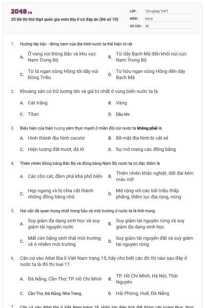 20 Đề thi thử thpt quốc gia môn Địa lí có đáp án (Đề số 10)