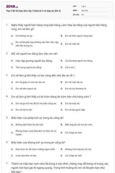 Top 5 Đề thi Đạo Đức lớp 3 Giữa kì 2 có đáp án (Đề 3)