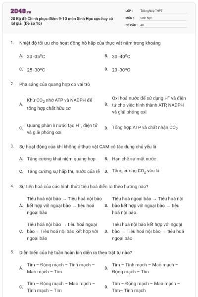 20 Bộ đề Chinh phục điểm 9-10 môn Sinh Học cực hay có lời giải (Đề số 16)