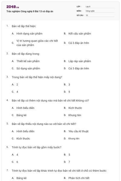 Trắc nghiệm Công nghệ 8 Bài 13 có đáp án