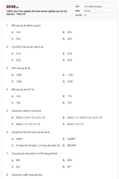 1000+ câu Trắc nghiệm Kế toán doanh nghiệp vận tải (có đáp án) - Phần 25