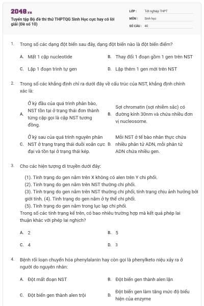 Tuyển tập Bộ đề thi thử THPTQG Sinh Học cực hay có lời giải (Đề số 10)