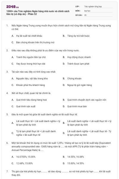 1000+ câu Trắc nghiệm Ngân hàng nhà nước và chính sách tiền tệ (có đáp án) - Phần 52