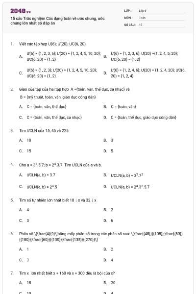 15 câu Trắc nghiệm Các dạng toán về ước chung, ước chung lớn nhất có đáp án