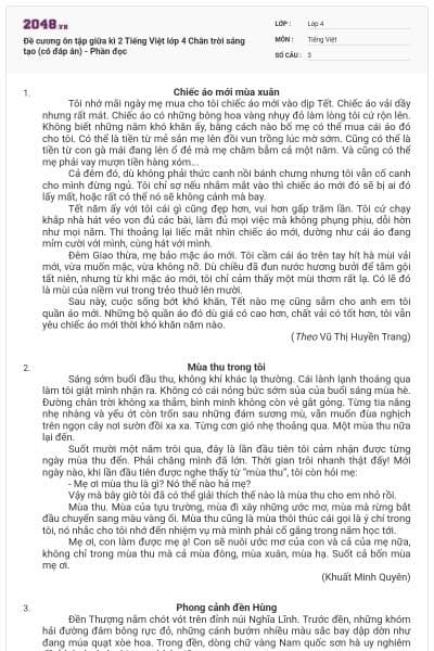 Đề cương ôn tập giữa kì 2 Tiếng Việt lớp 4 Chân trời sáng tạo (có đáp án) - Phần đọc