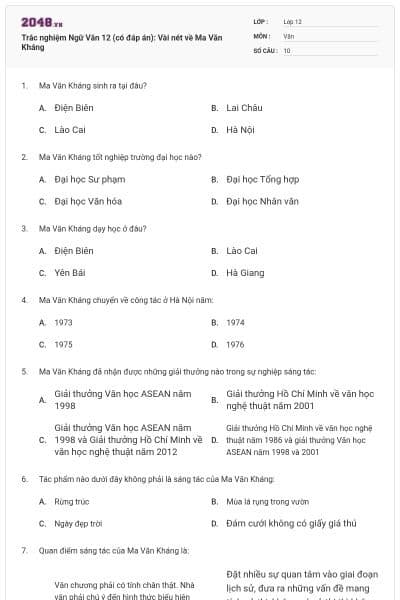 Trắc nghiệm Ngữ Văn 12 (có đáp án): Vài nét về Ma Văn Kháng