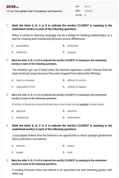 15 câu  Trắc nghiệm Unit 5 Vocabulary and Grammar