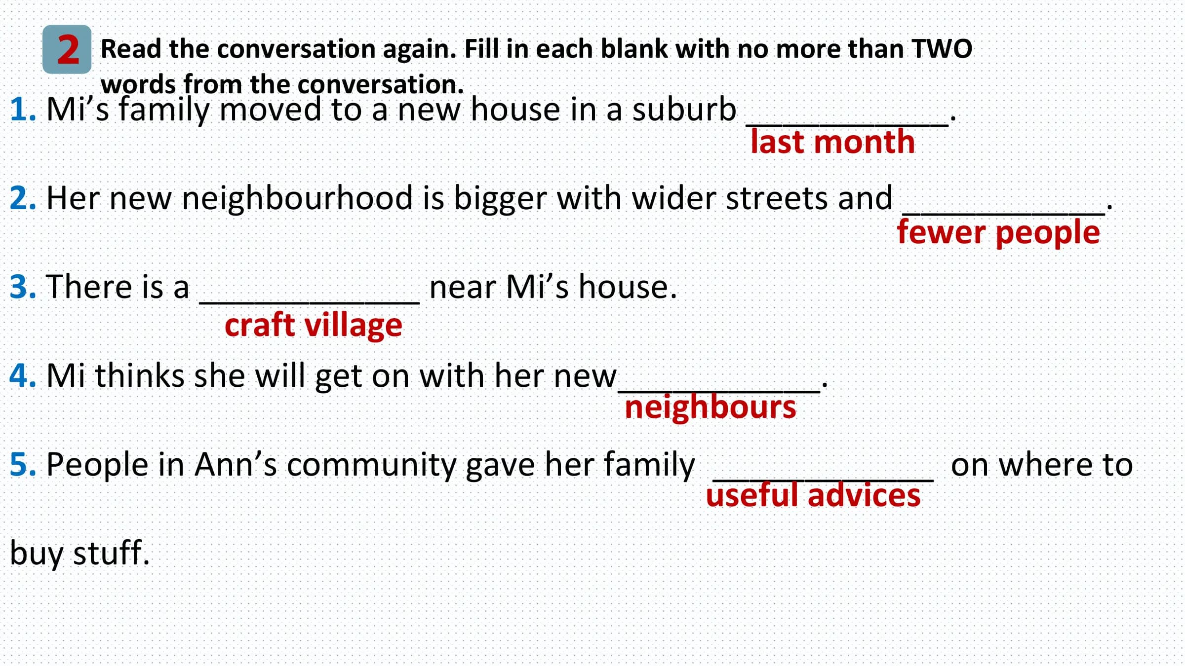 2 Read the conversation again. Fill in each blank with no more than TWO
 words from the conversation.
1. Mi’s family moved to a new house in a suburb ___________.
 last month
2. Her new neighbourhood is bigger with wider streets and ___________.
 fewer people
3. There is a ____________ near Mi’s house.
 craft village
4. Mi thinks she will get on with her new___________.
 neighbours
5. People in Ann’s community gave her family ____________ on where to
 useful advices
buy stuff.