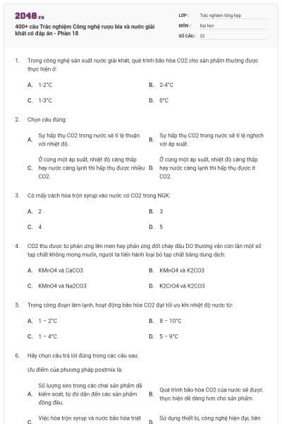 400+ câu Trắc nghiệm Công nghệ rượu bia và nước giải khát có đáp án - Phần 18