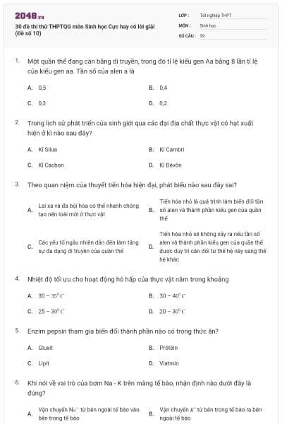 30 đề thi thử THPTQG môn Sinh học Cực hay có lời giải (Đề số 10)