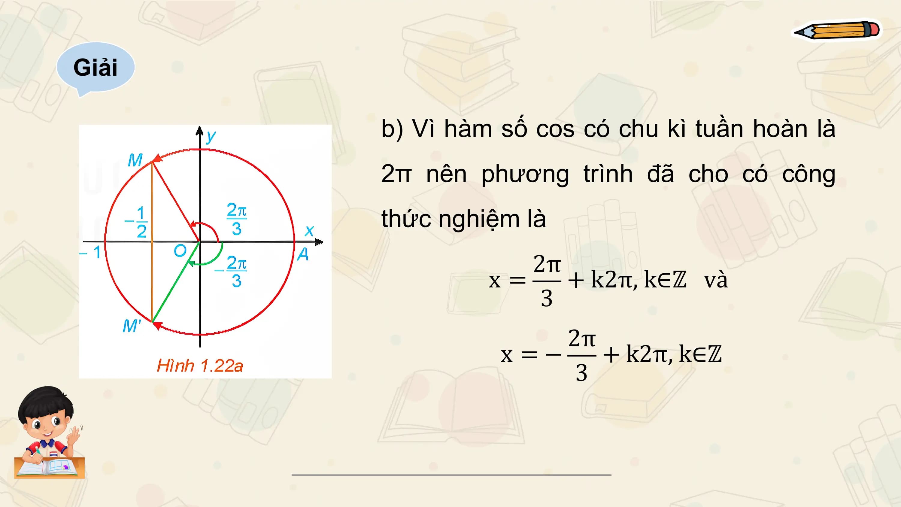 Giải

 b) Vì hàm số cos có chu kì tuần hoàn là
 2π nên phương trình đã cho có công
 thức nghiệm là
 2π
 x= + k2π, k∈ℤ và
 3
 2π
 x =− + k2π, k∈ℤ
 3