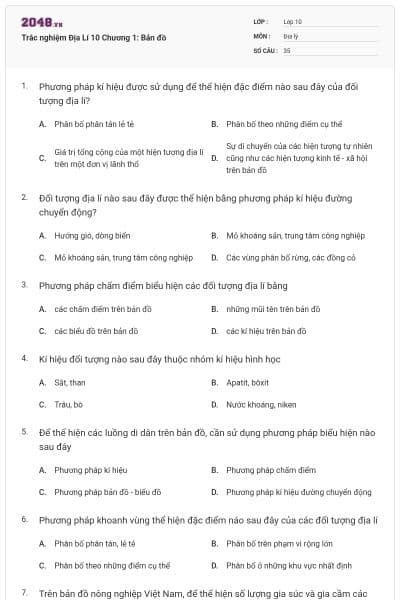 Trắc nghiệm Địa Lí 10 Chương 1: Bản đồ