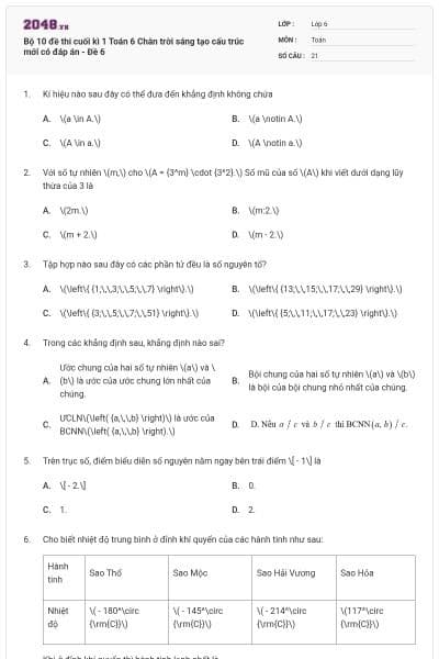 Bộ 10 đề thi cuối kì 1 Toán 6 Chân trời sáng tạo cấu trúc mới có đáp án - Đề 6