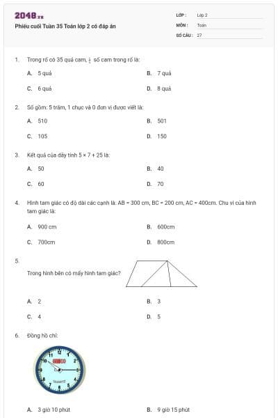 Phiếu cuối Tuần 35 Toán lớp 2 có đáp án