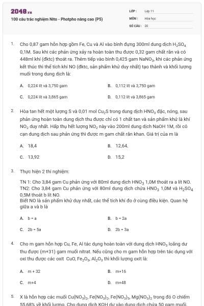 100 câu trắc nghiệm Nito - Photpho nâng cao (P5)