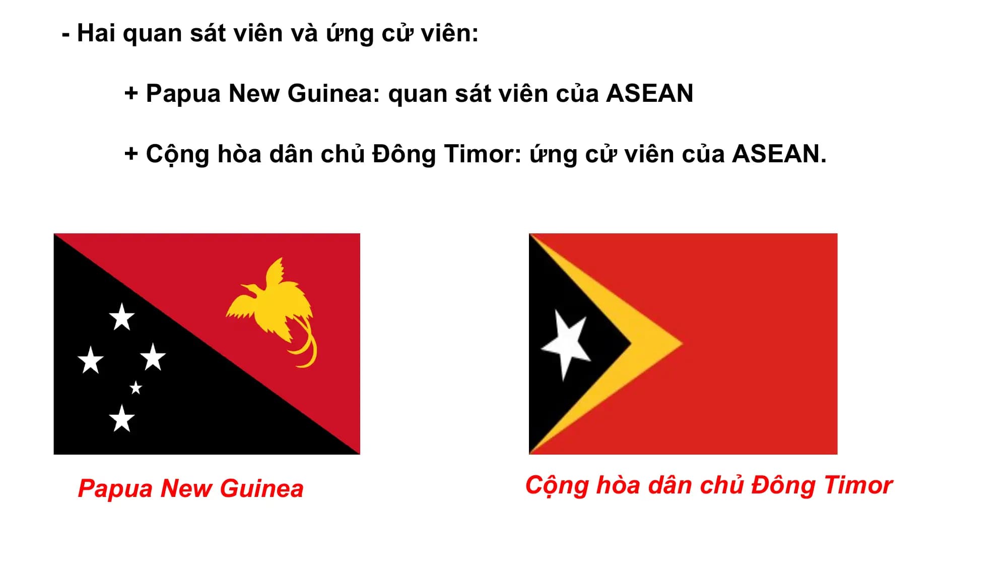 - Hai quan sát viên và ứng cử viên:

 + Papua New Guinea: quan sát viên của ASEAN

 + Cộng hòa dân chủ Đông Timor: ứng cử viên của ASEAN.

 Papua New Guinea Cộng hòa dân chủ Đông Timor