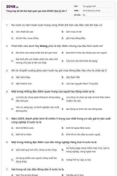 Tổng hợp đề thi thử thpt quốc gia môn KHXH (Địa lý) đề 7