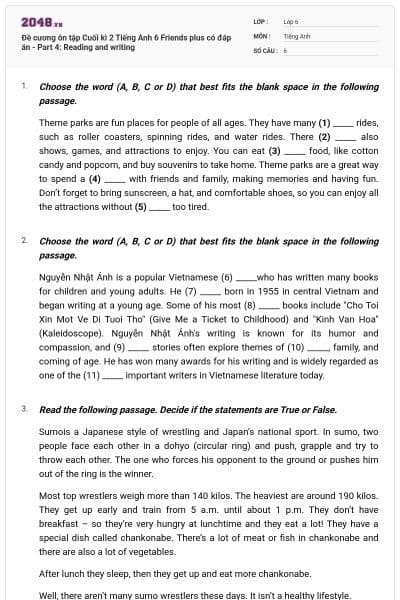 Đề cương ôn tập Cuối kì 2 Tiếng Anh 6 Friends plus có đáp án - Part 4: Reading and writing