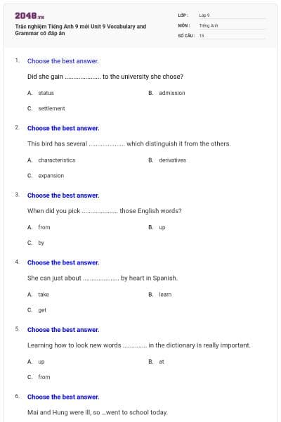 Trắc nghiệm Tiếng Anh 9 mới Unit 9 Vocabulary and Grammar có đáp án