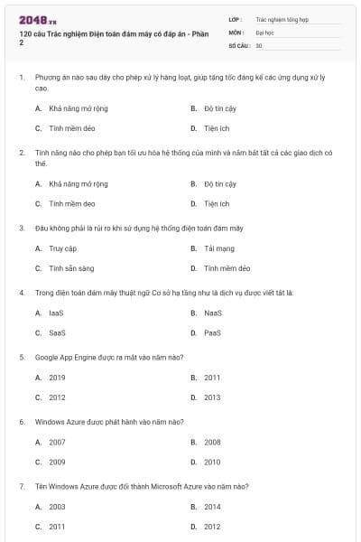 120 câu Trắc nghiệm Điện toán đám mây có đáp án - Phần 2