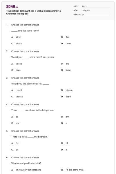 Trắc nghiệm Tiếng Anh lớp 3 Global Success Unit 15 Grammar (có đáp án)