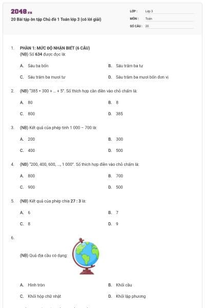 20 Bài tập ôn tập Chủ đề 1 Toán lớp 3 (có lời giải)