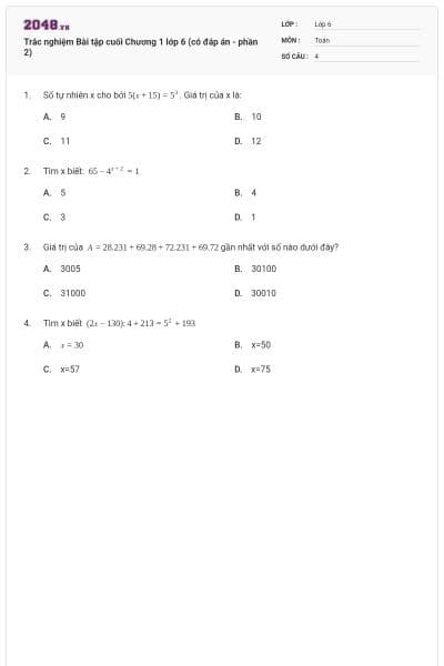Trắc nghiệm Bài tập cuối Chương 1 lớp 6 (có đáp án - phần 2)