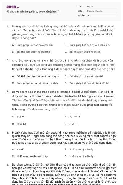 93 câu trắc nghiệm quyền tự do cơ bản (phần 1)