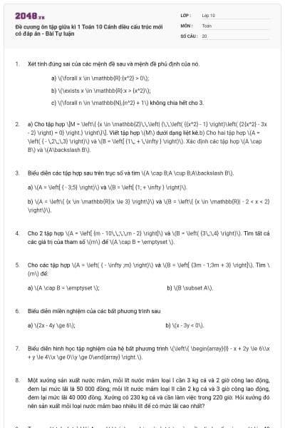 Đề cương ôn tập giữa kì 1 Toán 10 Cánh diều cấu trúc mới có đáp án - Bài Tự luận