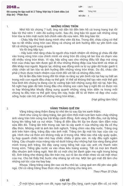 Đề cương ôn tập cuối kì 2 Tiếng Việt lớp 5 Cánh diều (có đáp án) - Phần đọc