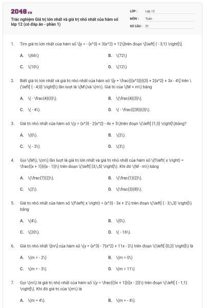 Trắc nghiệm Giá trị lớn nhất và giá trị nhỏ nhất của hàm số lớp 12 (có đáp án - phần 1)