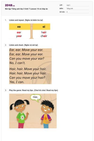 Bài tập Tiếng anh lớp 3 Unit 7 Lesson 10 có đáp án