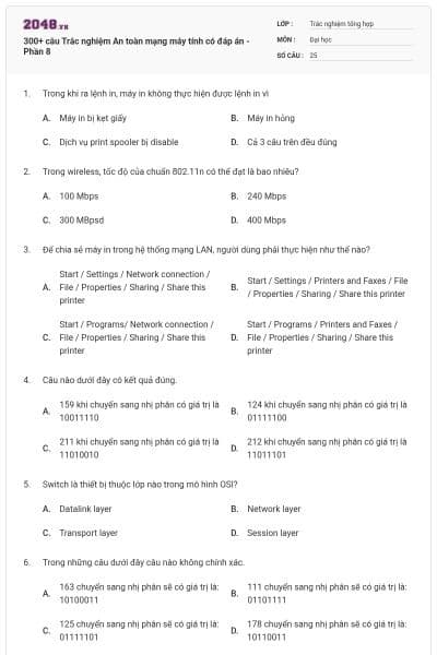300+ câu Trắc nghiệm An toàn mạng máy tính có đáp án - Phần 8
