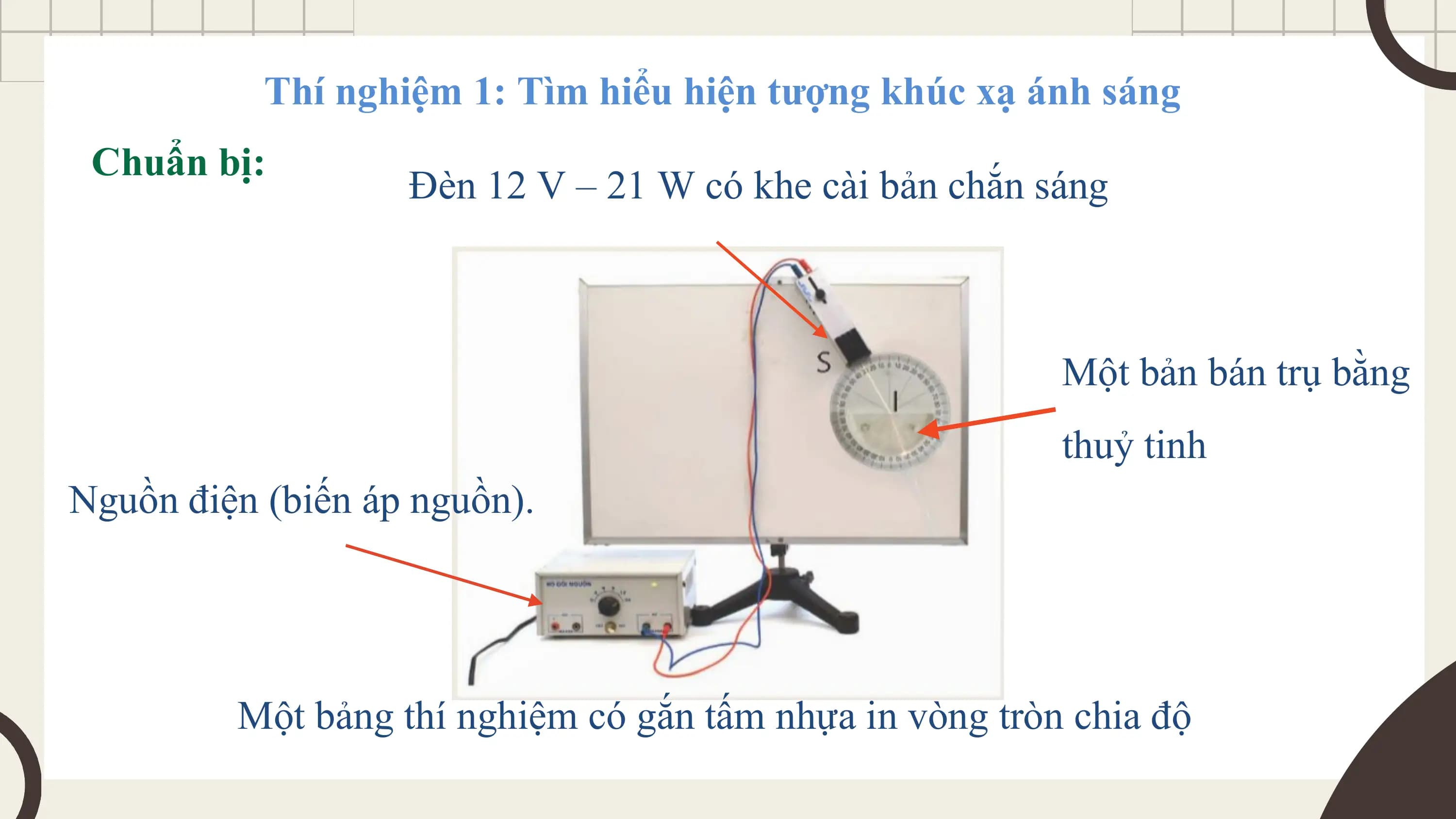Thí nghiệm 1: Tìm hiểu hiện tượng khúc xạ ánh sáng
 Chuẩn bị:
 Đèn 12 V – 21 W có khe cài bản chắn sáng

 Một bản bán trụ bằng
 thuỷ tinh
Nguồn điện (biến áp nguồn).

 Một bảng thí nghiệm có gắn tấm nhựa in vòng tròn chia độ