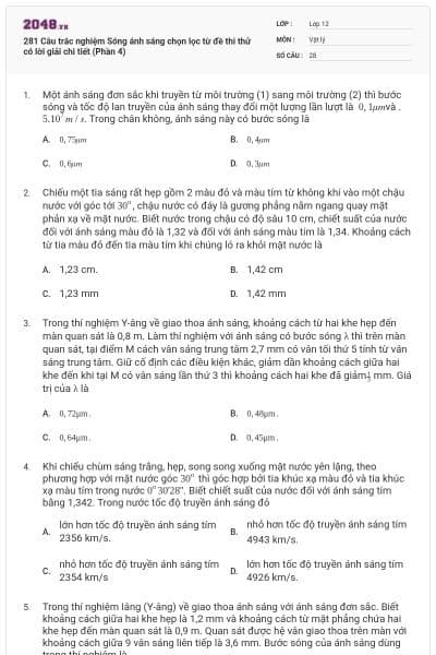 281 Câu trắc nghiệm Sóng ánh sáng chọn lọc từ đề thi thử có lời giải chi tiết (Phần 4)