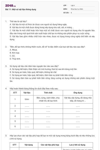 Bài 11: Một số vật liệu thông dụng