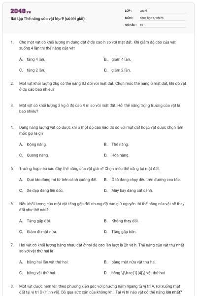 Bài tập Thế năng của vật lớp 9 (có lời giải)