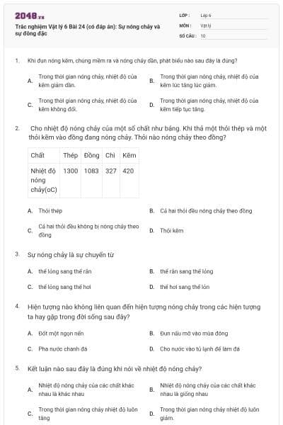 Trắc nghiệm Vật lý 6 Bài 24 (có đáp án): Sự nóng chảy và sự đông đặc